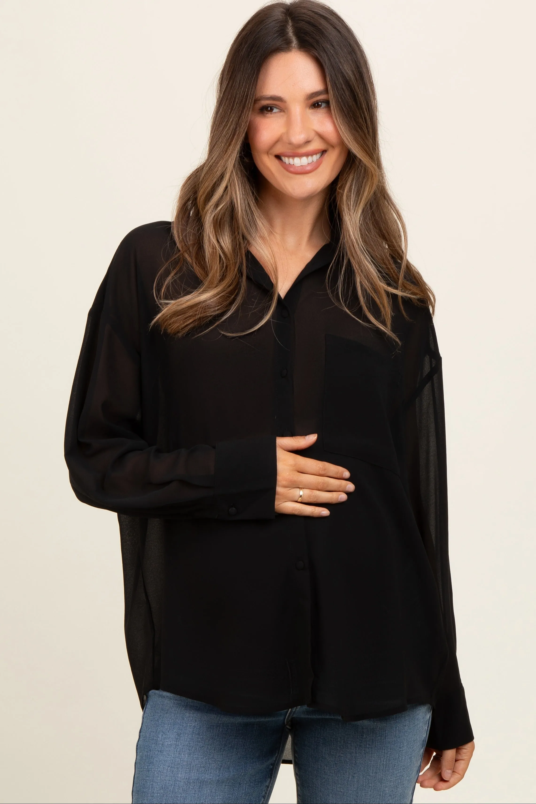 Black Sheer Button Down Maternity Blouse sold by Pinkblush product image thumbnail 2