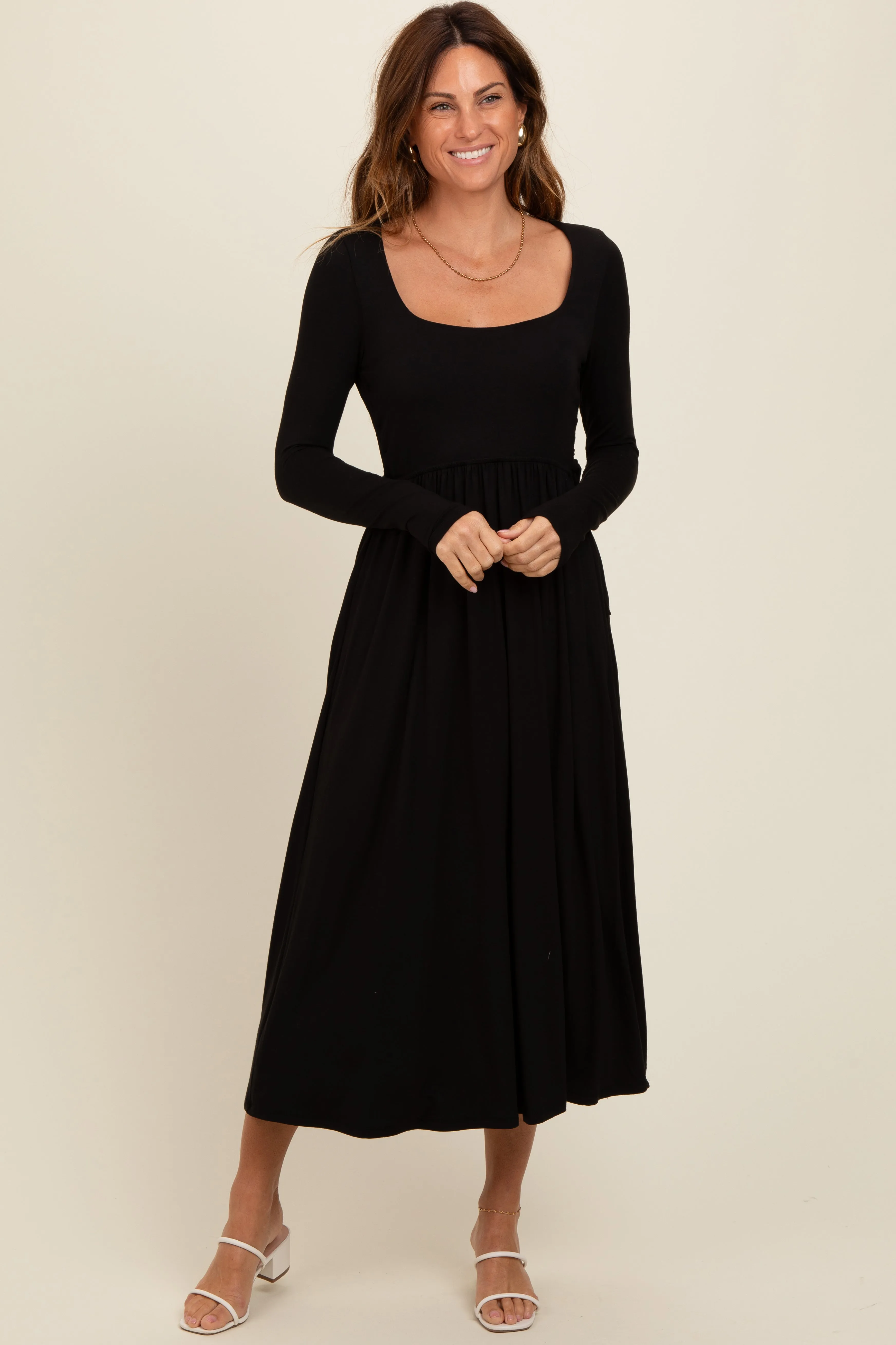 Black Square Neck Long Sleeve Maternity Midi Dress sold by Pinkblush product image thumbnail 5