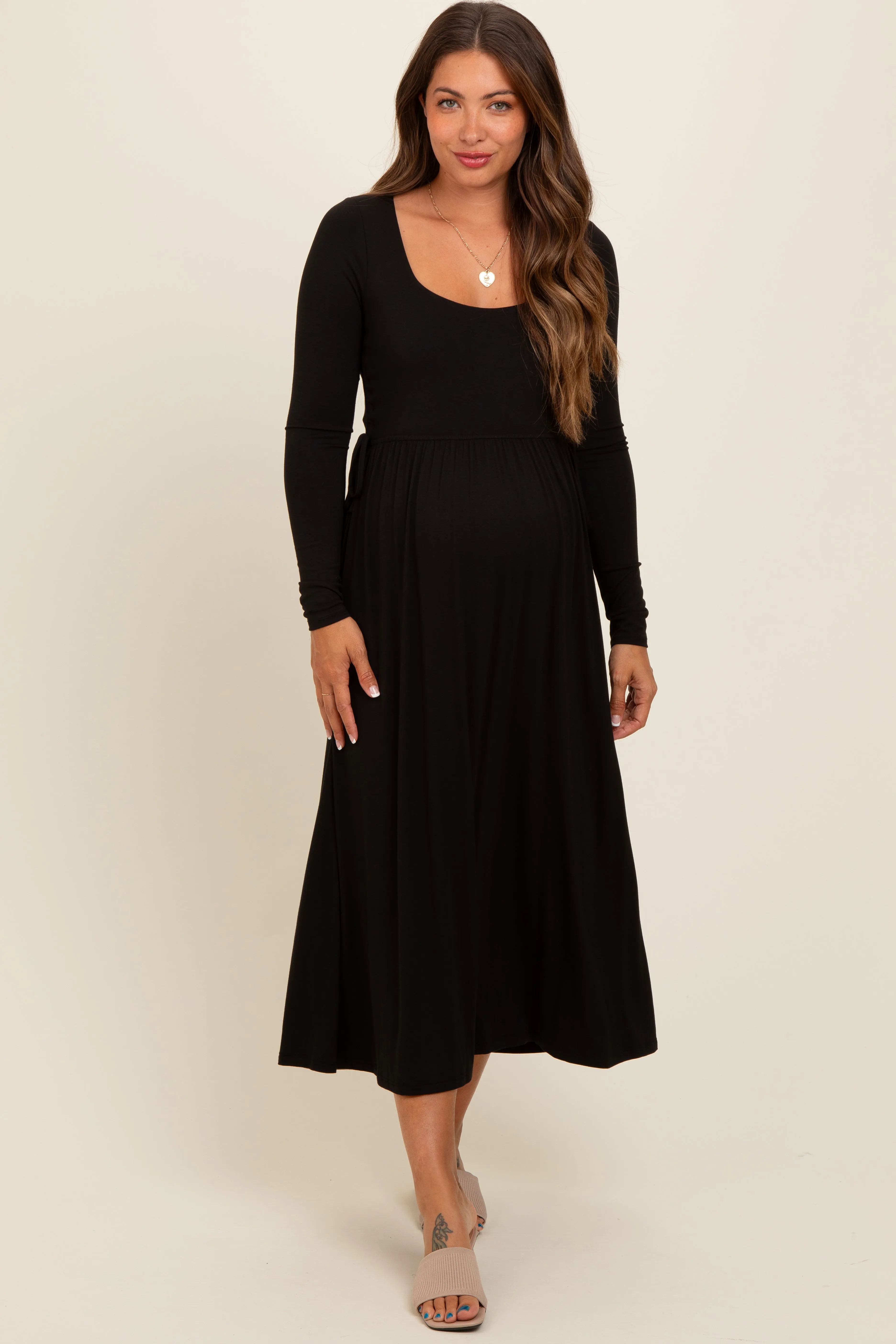 Black Square Neck Long Sleeve Maternity Midi Dress sold by Pinkblush product image thumbnail 2