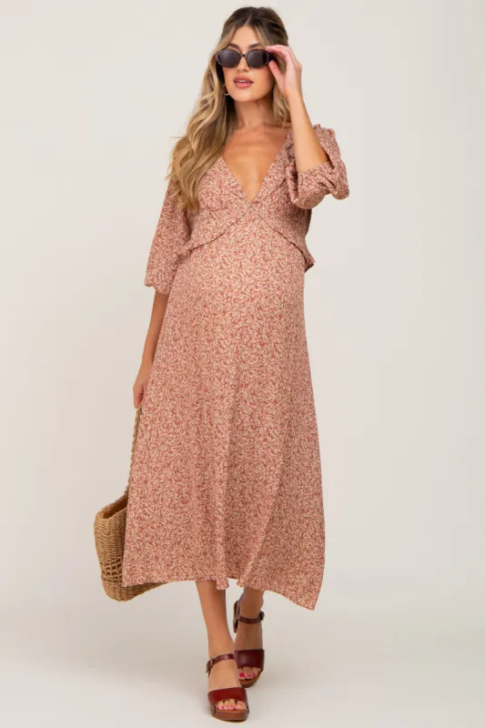 Rust Floral Ruffle V-Neck Maternity Midi Dress sold by Pinkblush