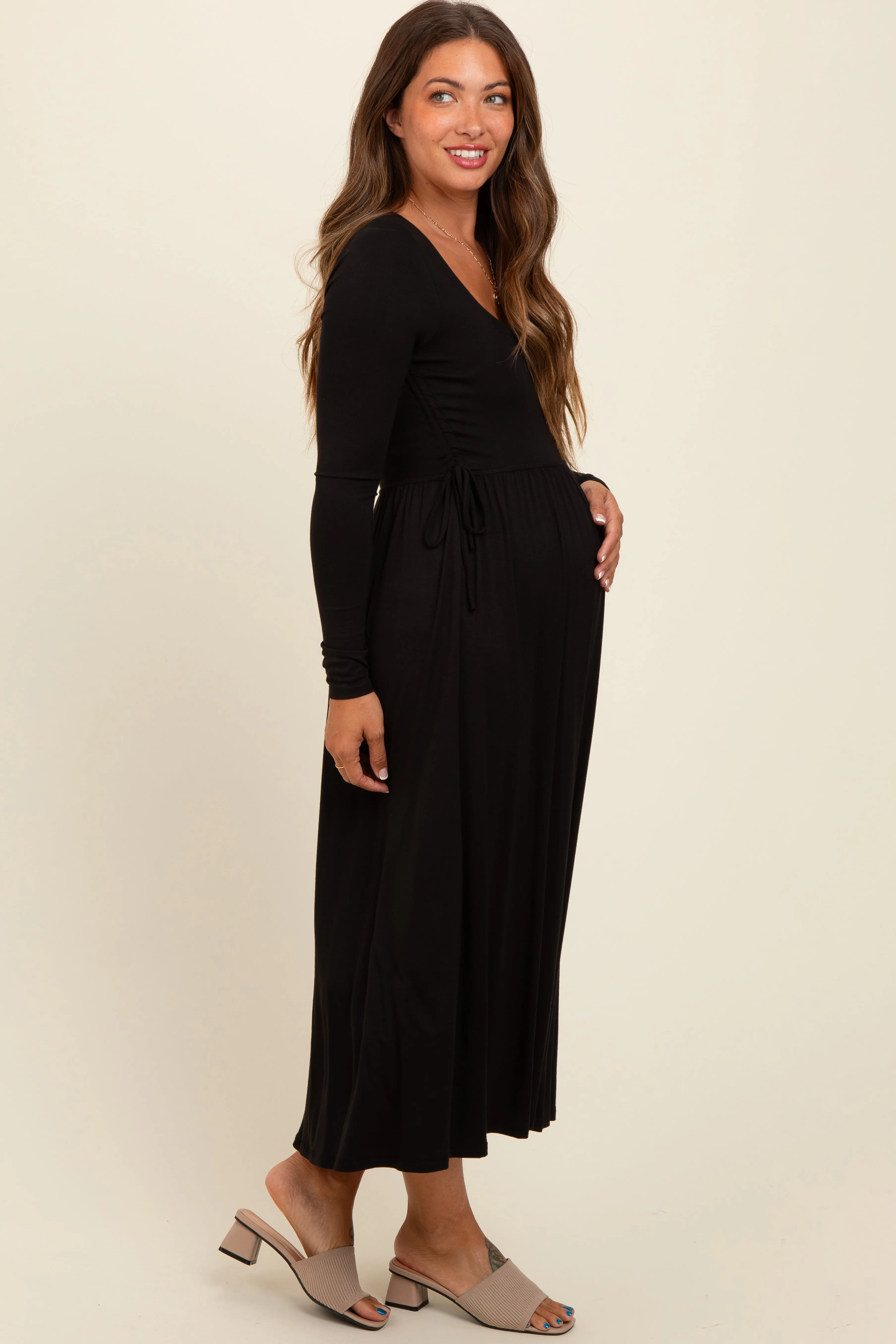 Black Square Neck Long Sleeve Maternity Midi Dress sold by Pinkblush product image thumbnail 3