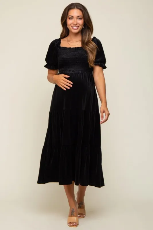 Black Velvet Tiered Maternity Midi Dress sold by Pinkblush