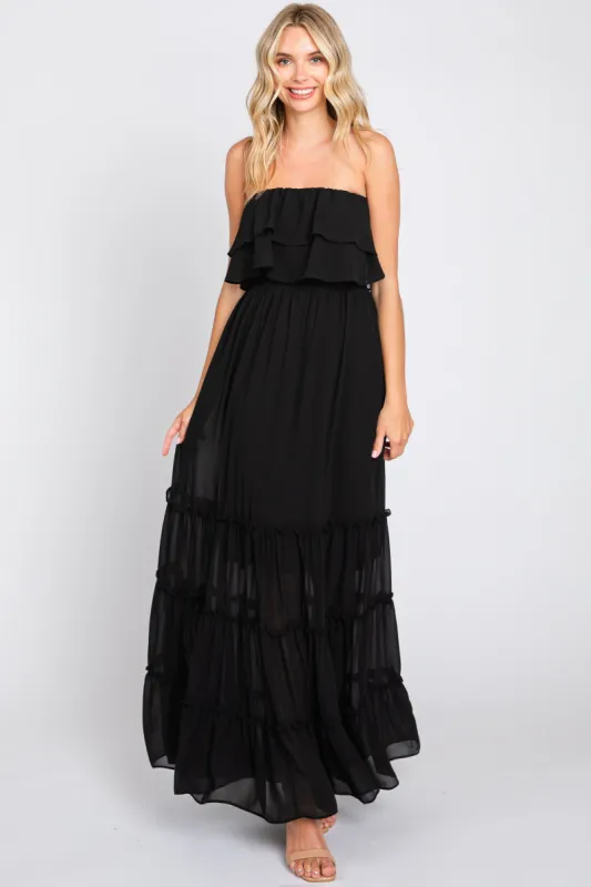 Black Chiffon Strapless Ruffle Tiered Maxi Dress sold by Pinkblush