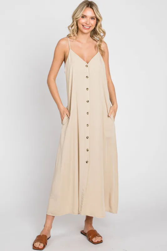 Beige Button Down Midi Tank Dress sold by Pinkblush