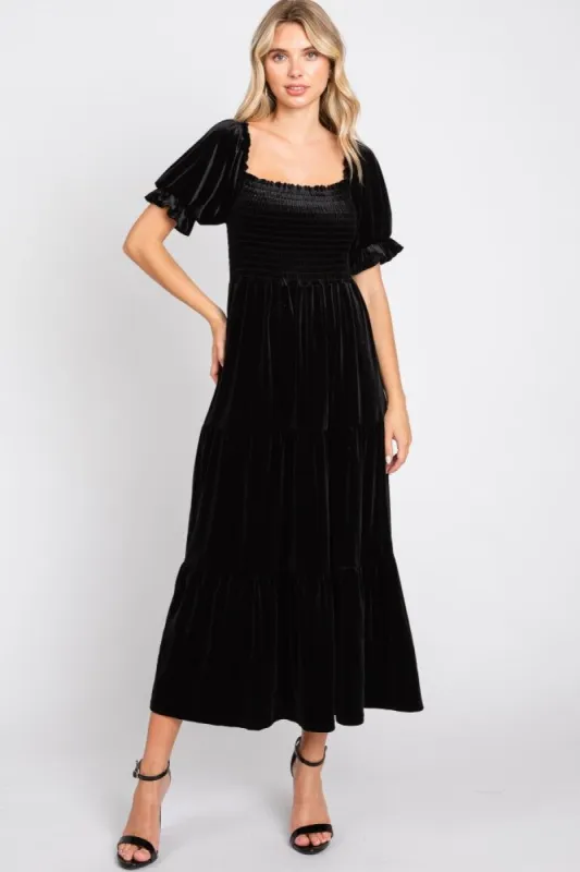 Black Velvet Tiered Midi Dress sold by Pinkblush