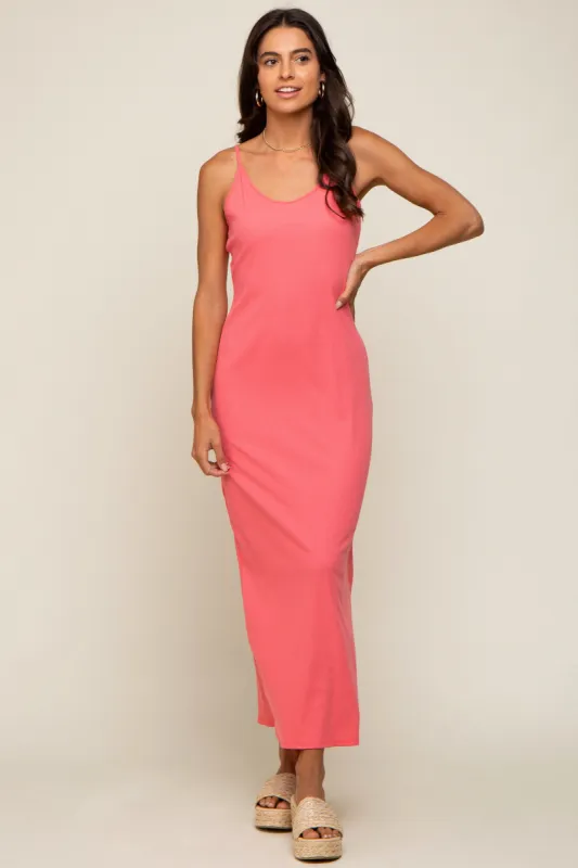 Coral Ribbed Sleeveless Maxi Dress sold by Pinkblush