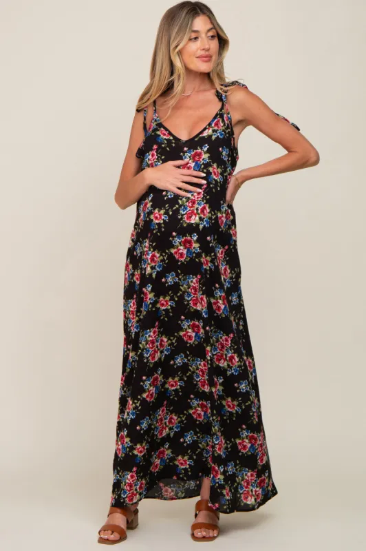 Black Floral Shoulder Tie Maternity Maxi Dress sold by Pinkblush