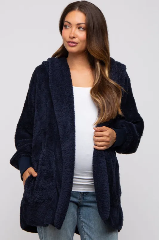 Navy Fuzzy Hooded Long Sleeve Maternity Jacket sold by Pinkblush