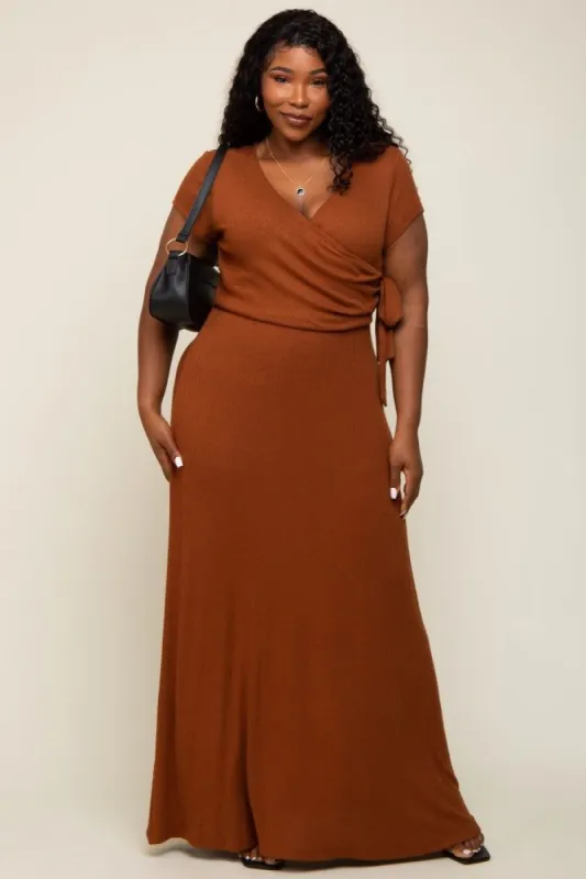 Rust Rubbed Wrapped Front V-Neck Plus Maxi Dress sold by Pinkblush