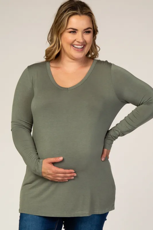 Light Olive Basic Long Sleeve Plus Maternity Top sold by Pinkblush