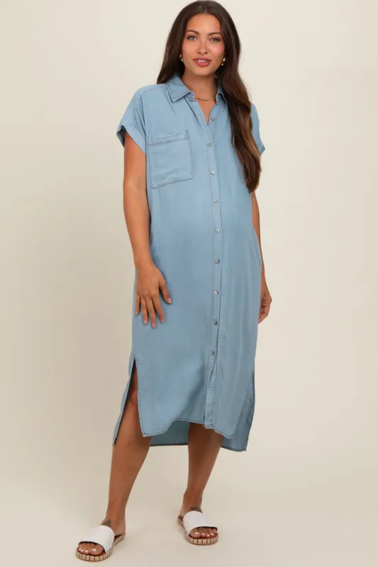 Light Blue Chambray Button Down Maternity Midi Dress sold by Pinkblush