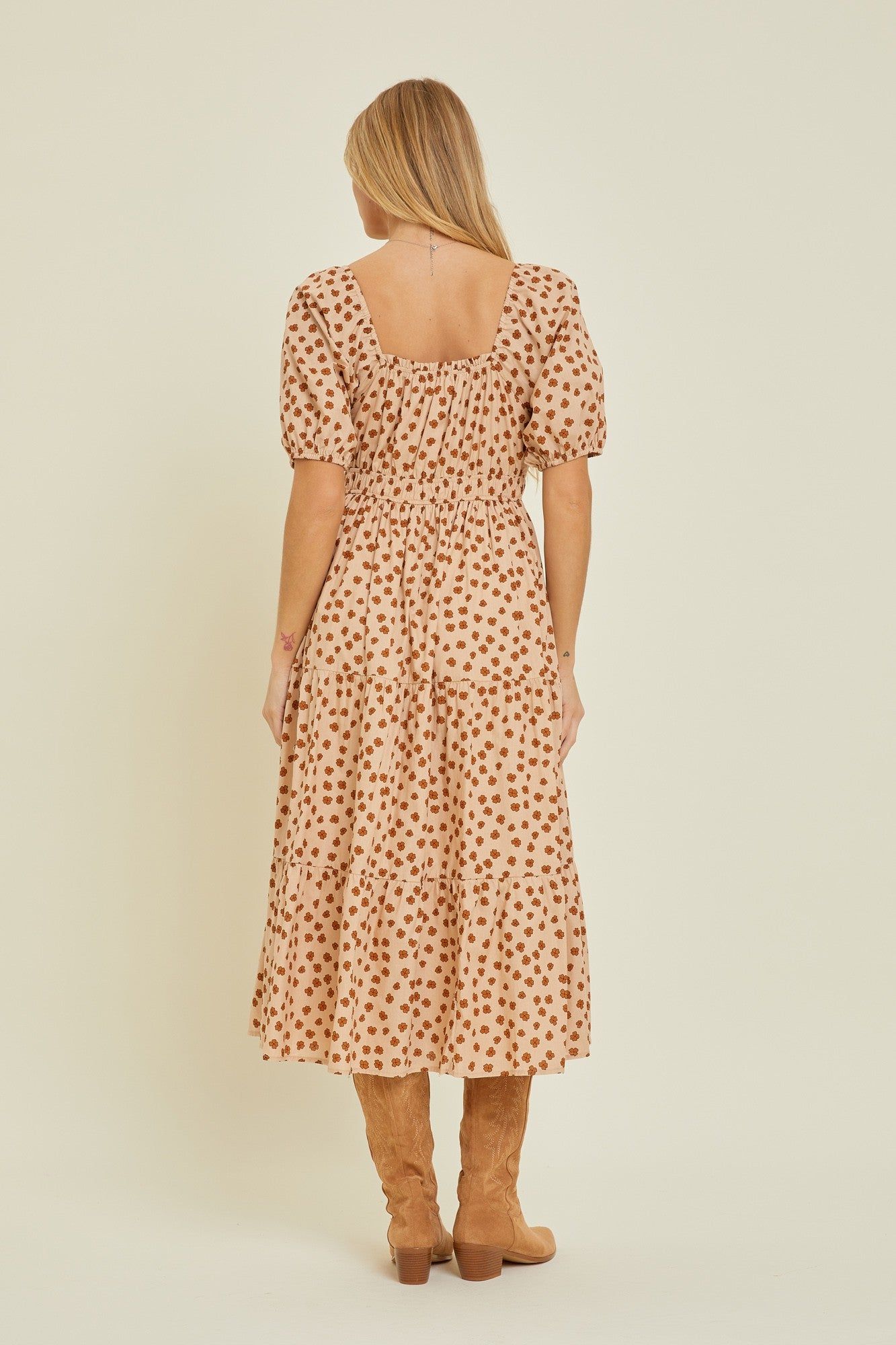 Taupe Floral Puff Sleeve Tiered Midi Dress sold by Pinkblush product image thumbnail 3