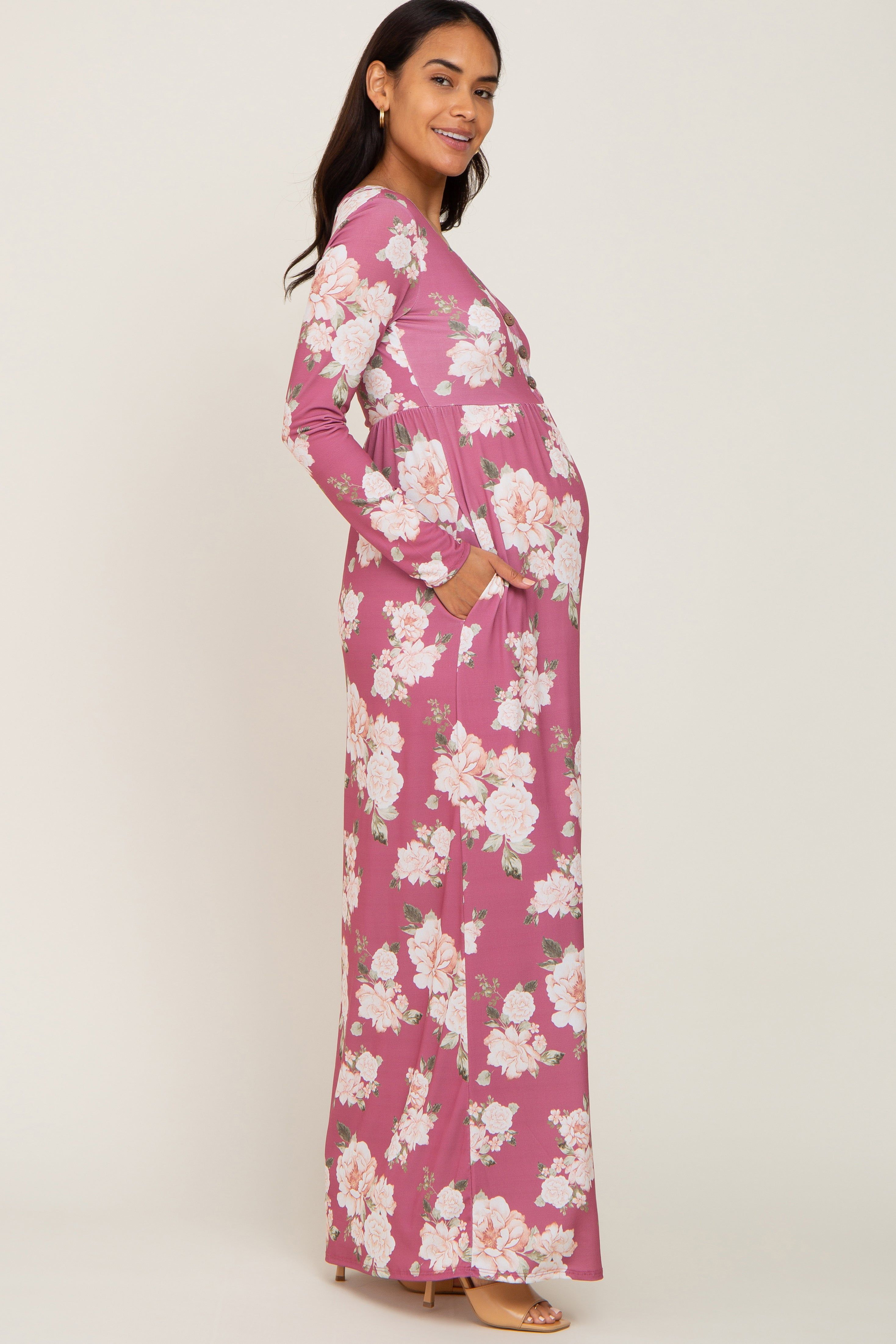 Mauve Floral Button Front Maternity Maxi Dress sold by Pinkblush product image thumbnail 2