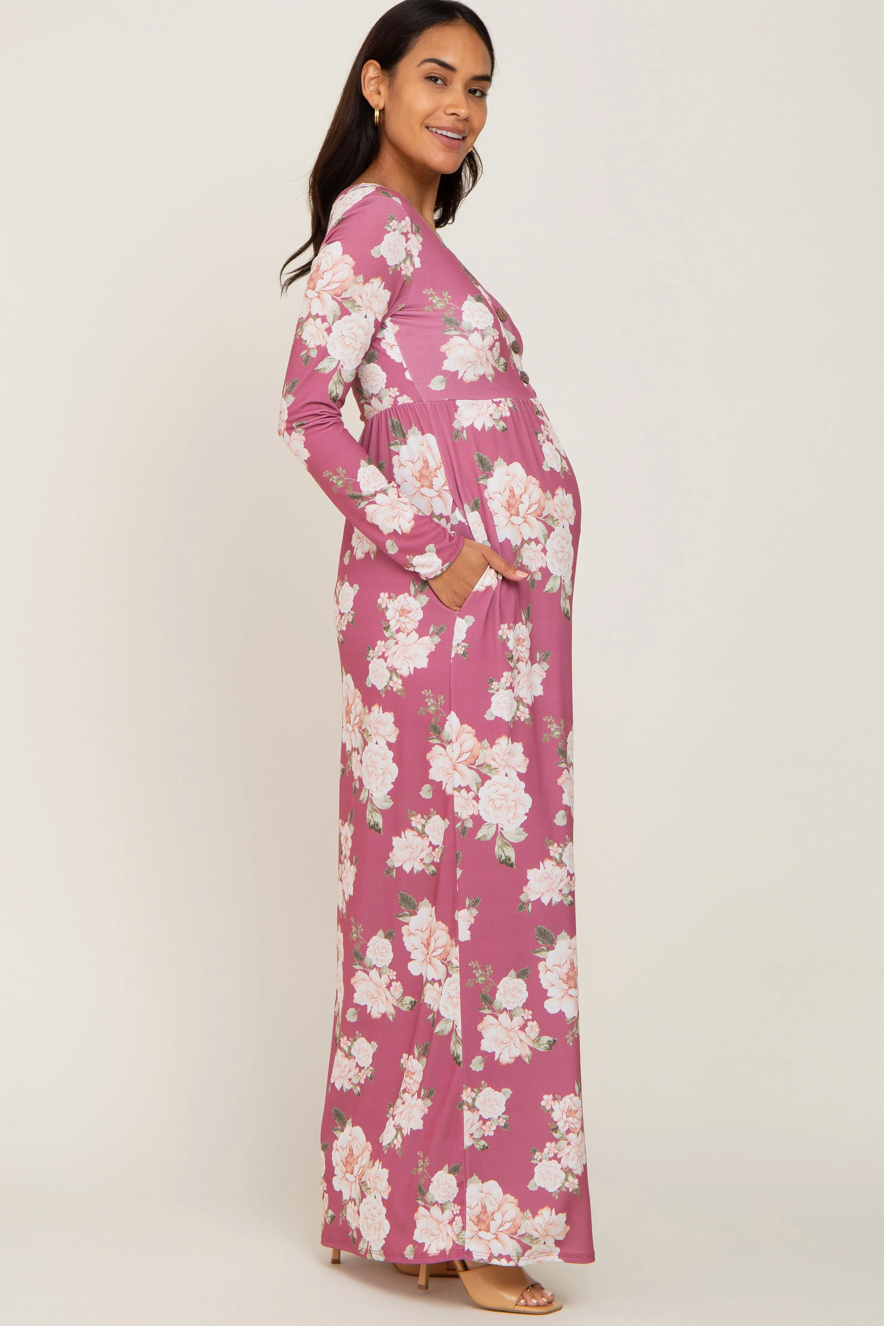 Mauve Floral Button Front Maternity Maxi Dress sold by Pinkblush product image thumbnail 2