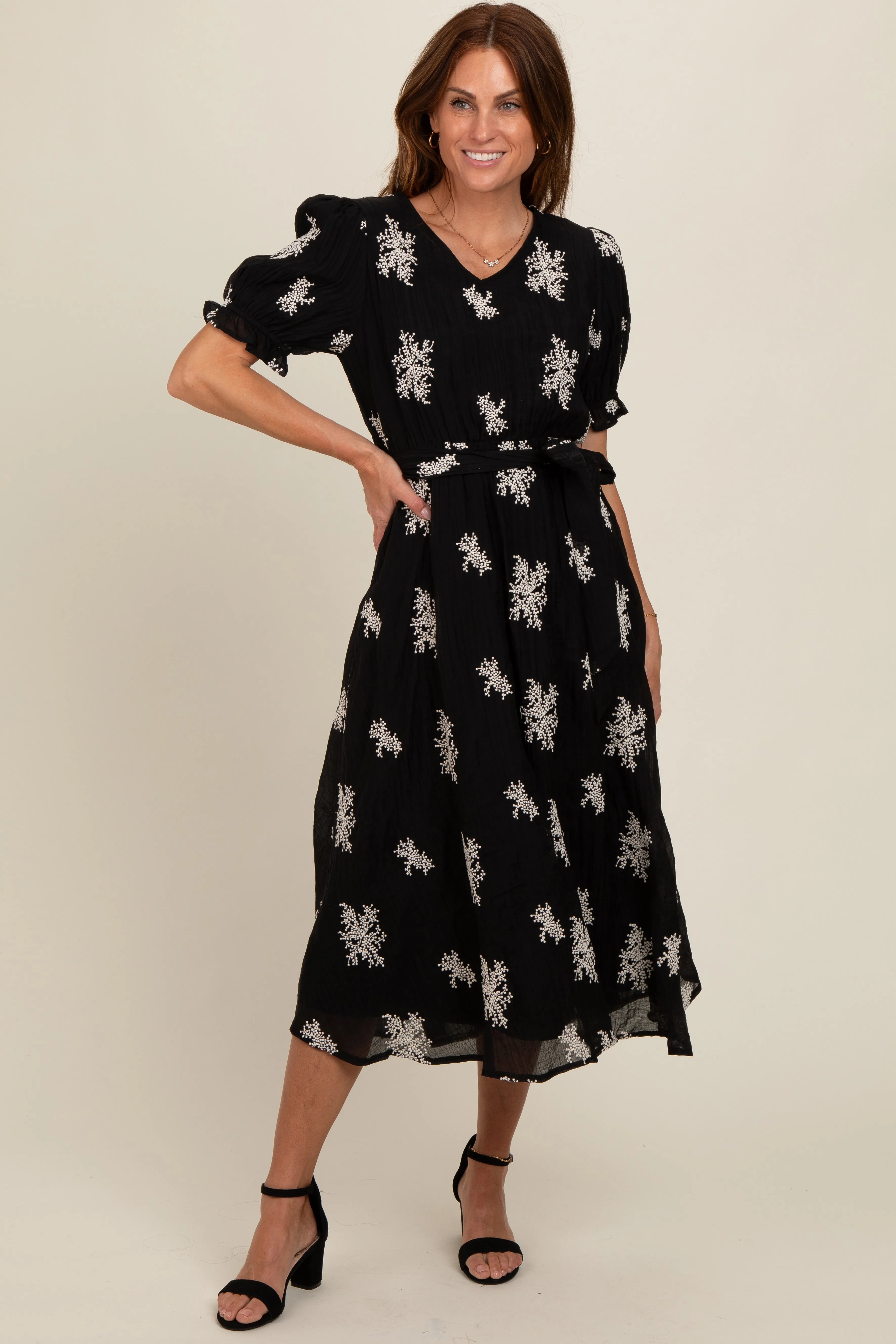 Black Embroidered Sash Tie Midi Dress sold by Pinkblush