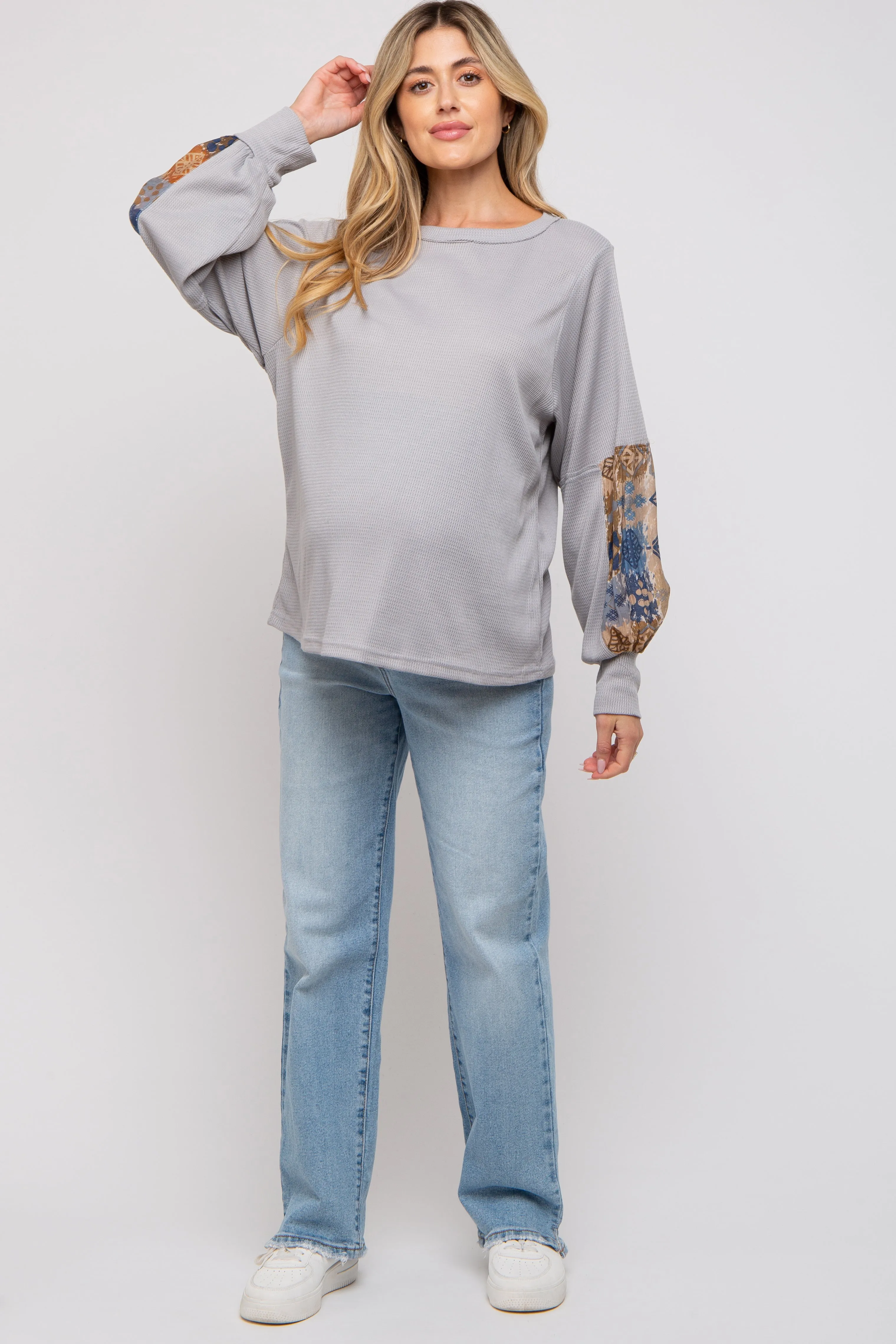 Grey Waffle Knit Contrast Sleeve Maternity Top sold by Pinkblush product image thumbnail 4