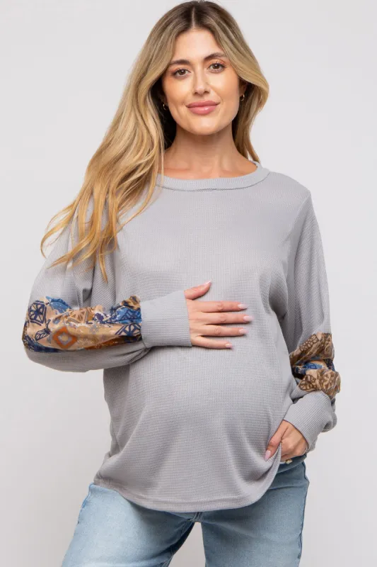 Grey Waffle Knit Contrast Sleeve Maternity Top sold by Pinkblush