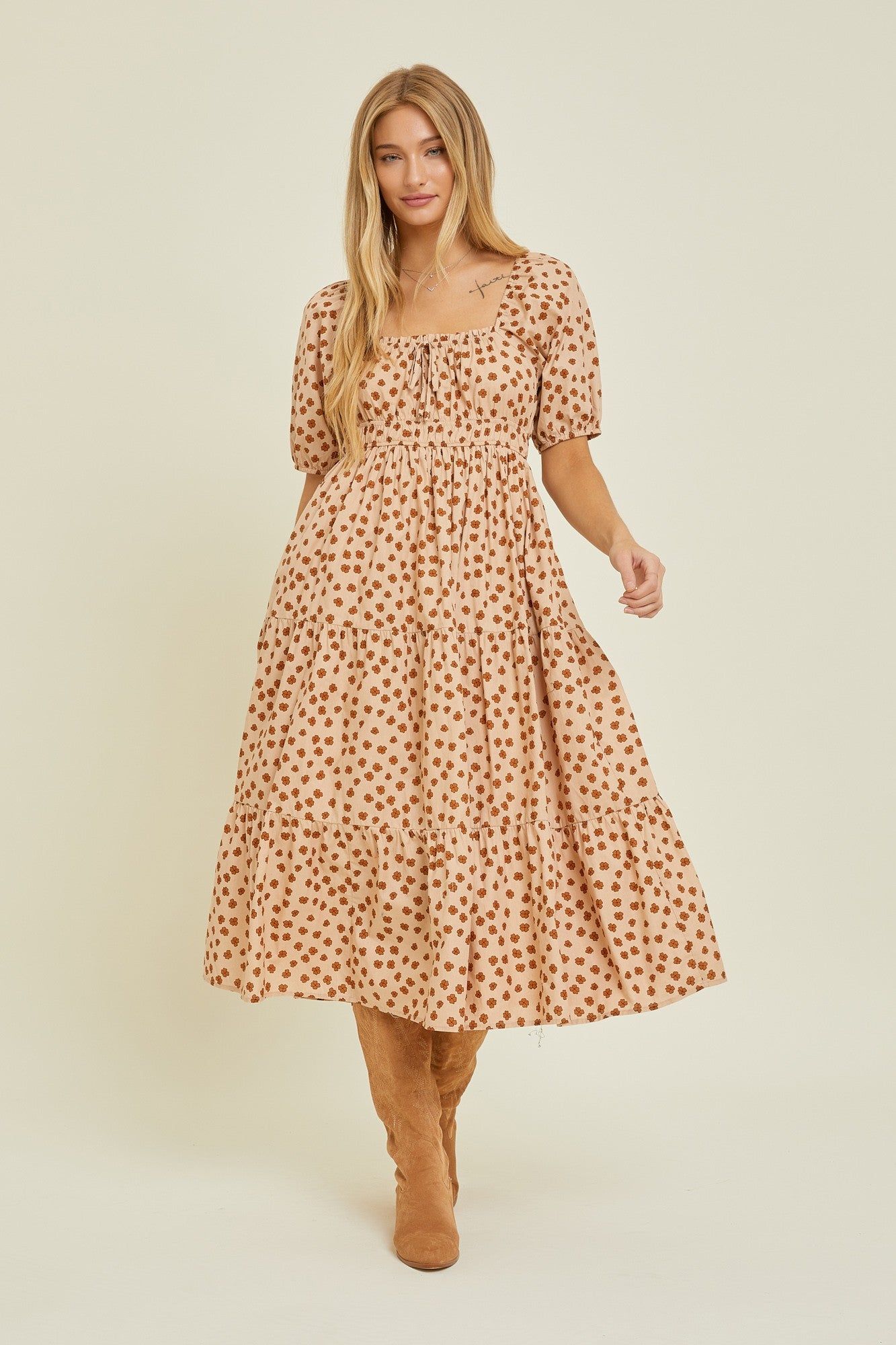 Taupe Floral Puff Sleeve Tiered Midi Dress sold by Pinkblush