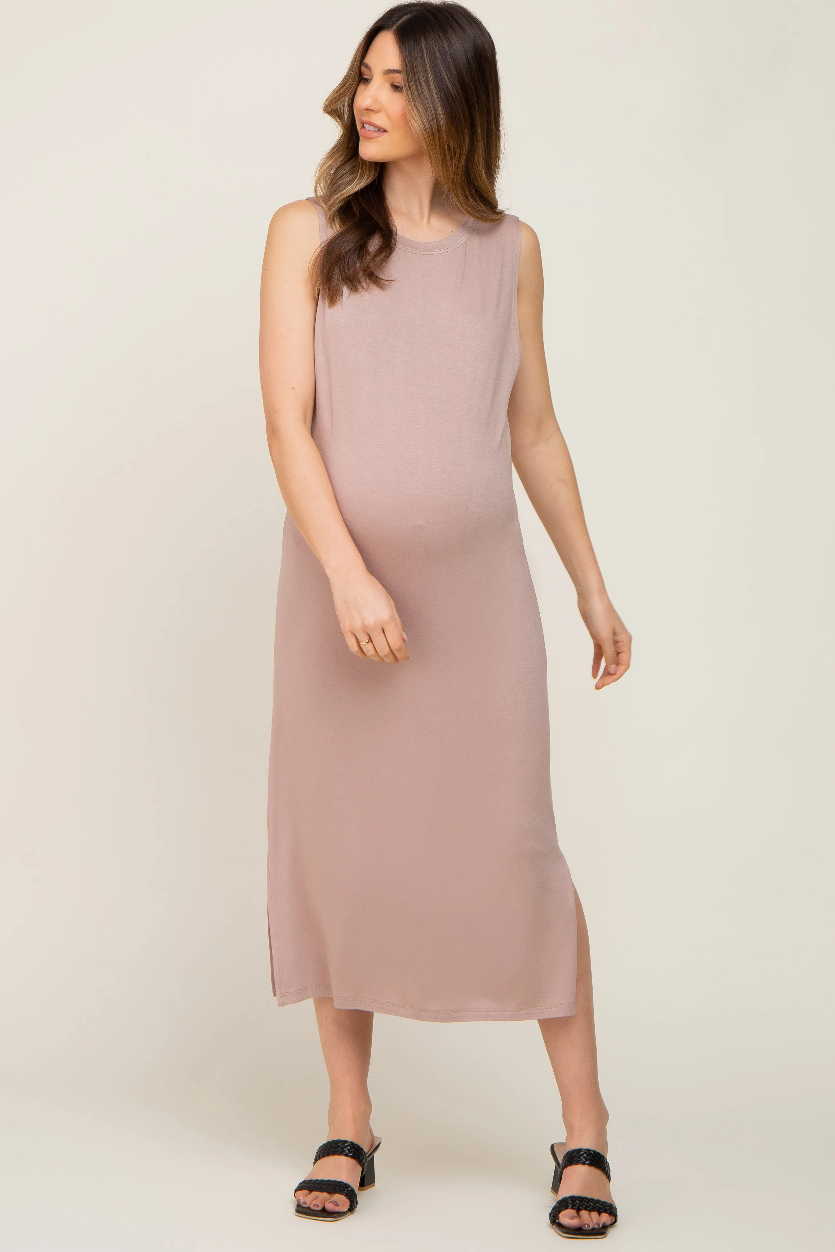 Taupe Sleeveless Side Slit Maternity Midi Dress sold by Pinkblush product image thumbnail 4