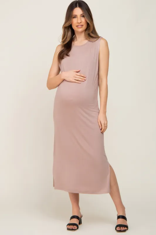 Taupe Sleeveless Side Slit Maternity Midi Dress sold by Pinkblush