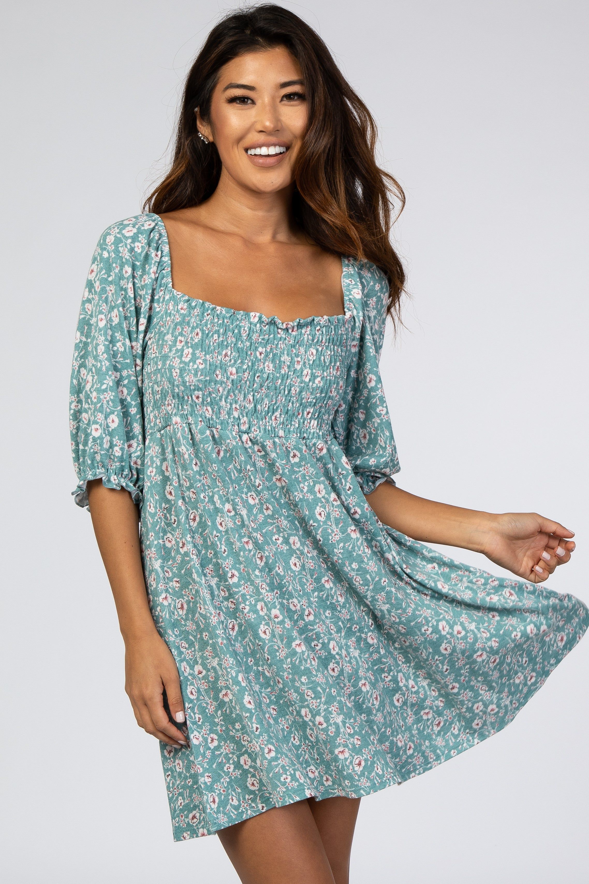 Teal Floral Puff Sleeve Dress sold by Pinkblush product image thumbnail 4