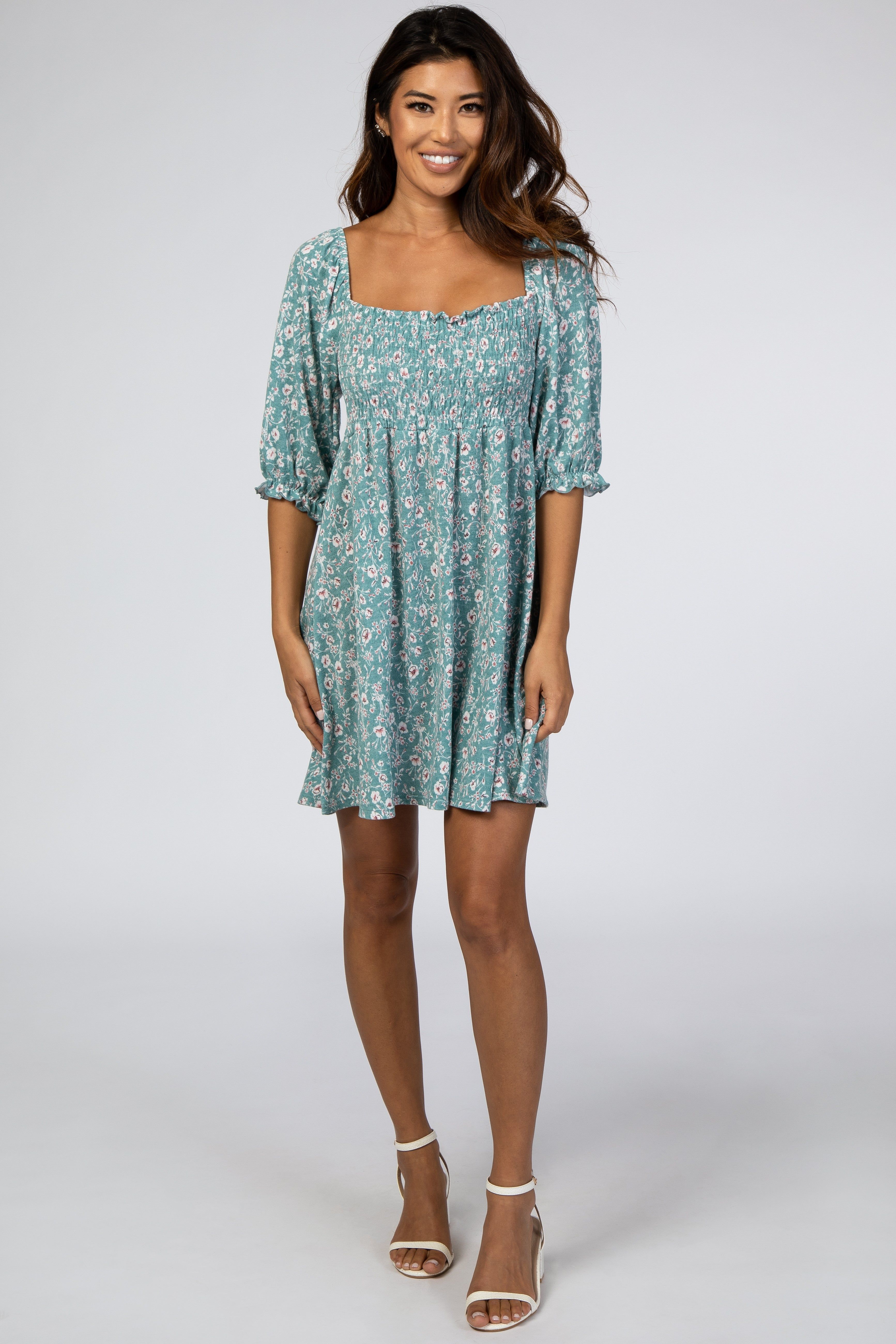 Teal Floral Puff Sleeve Dress sold by Pinkblush