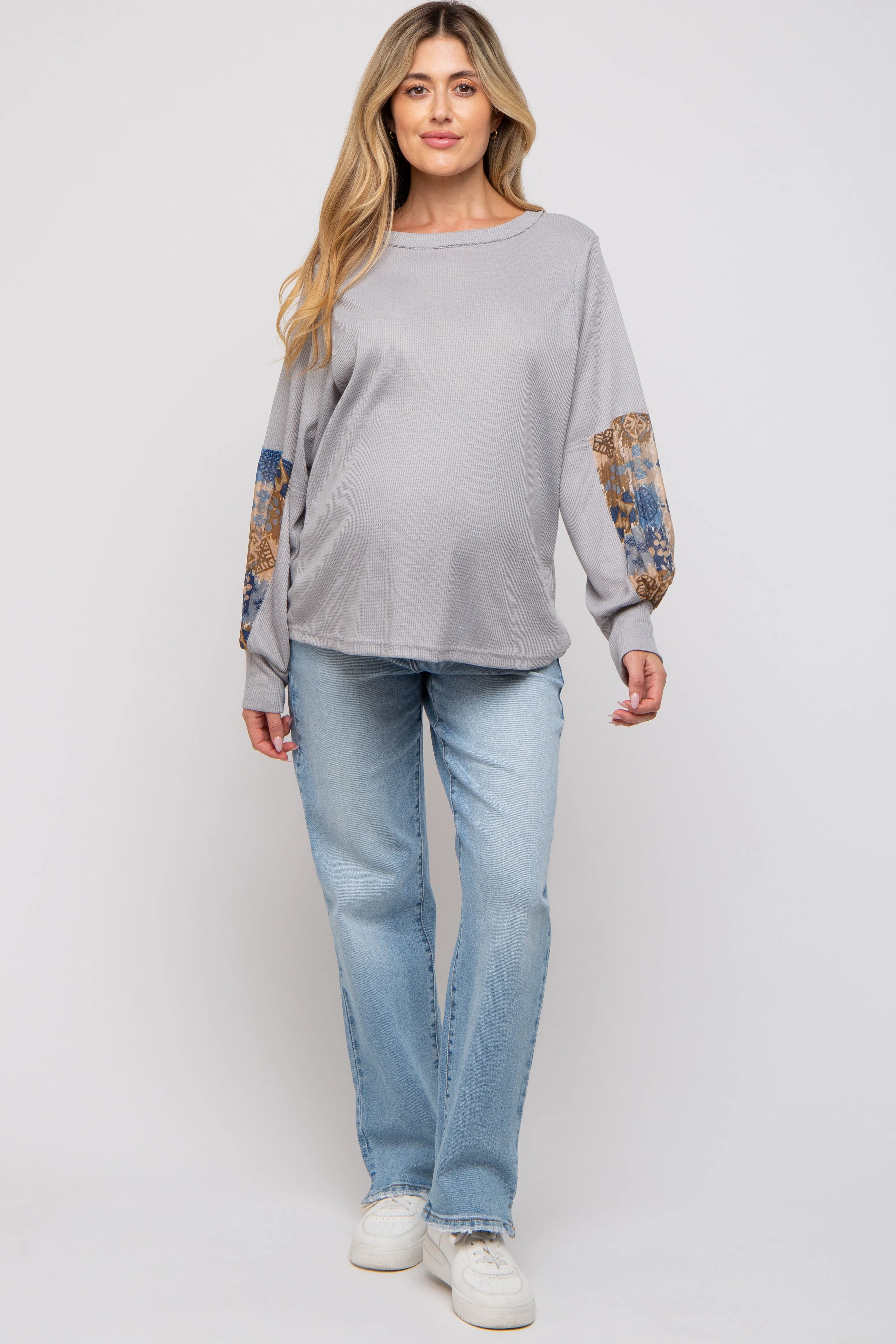 Grey Waffle Knit Contrast Sleeve Maternity Top sold by Pinkblush product image thumbnail 5