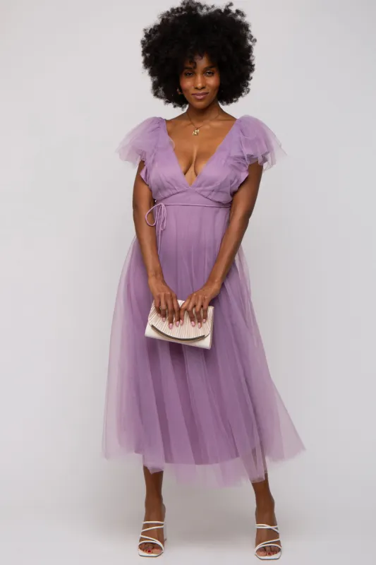 Lavender Deep V-Neck Tulle Flutter Sleeve Midi Dress sold by Pinkblush