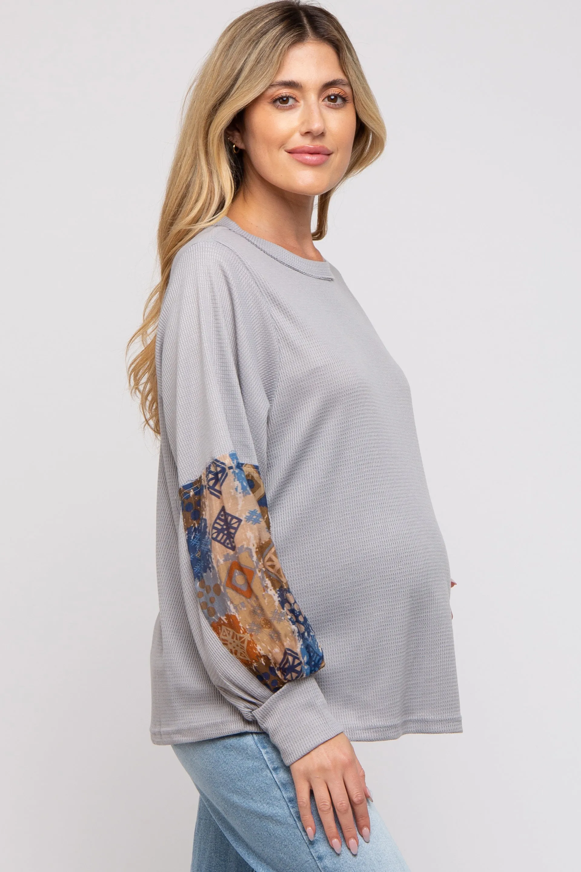 Grey Waffle Knit Contrast Sleeve Maternity Top sold by Pinkblush product image thumbnail 2