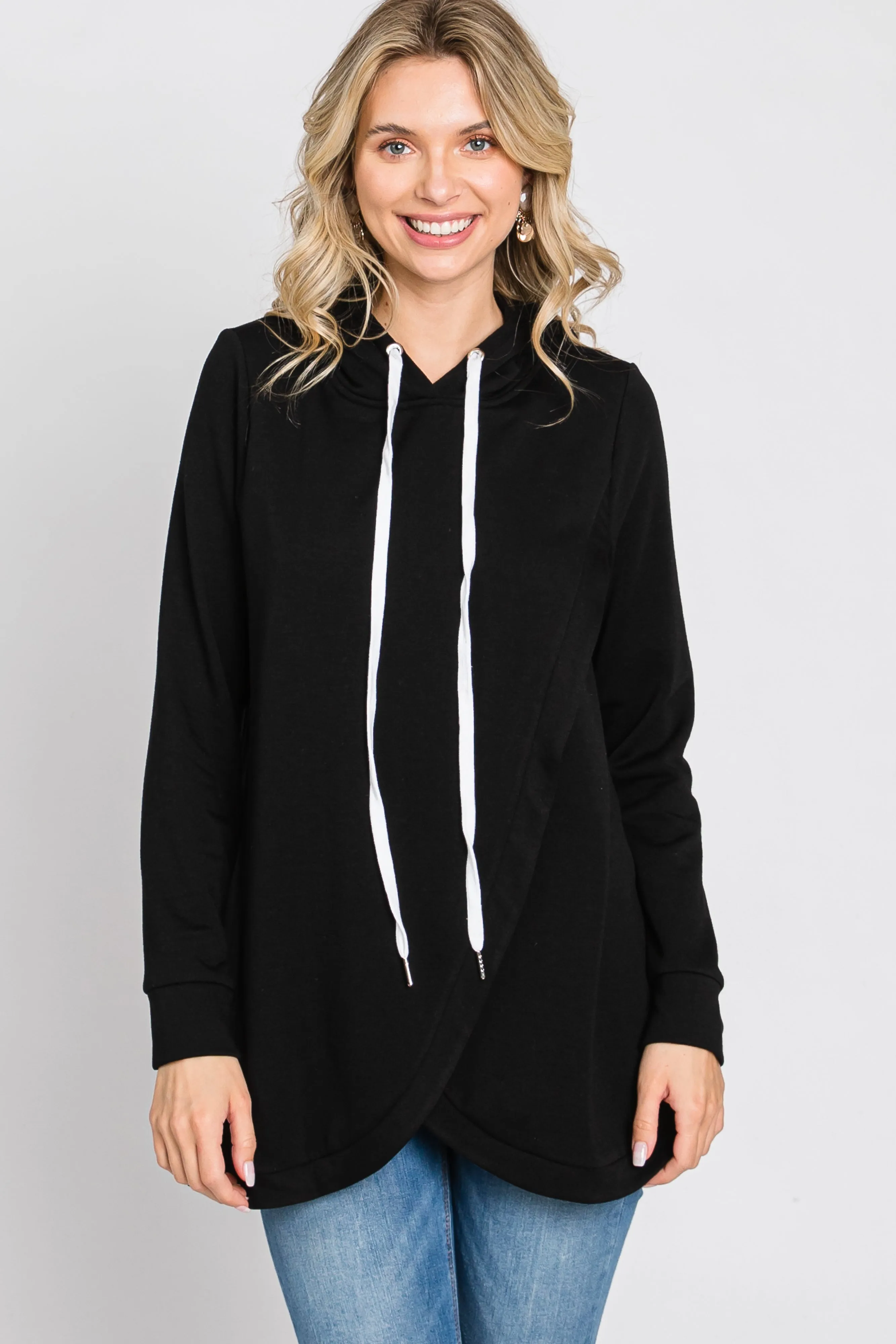 Black Layered Front Nursing Fleece Hoodie sold by Pinkblush