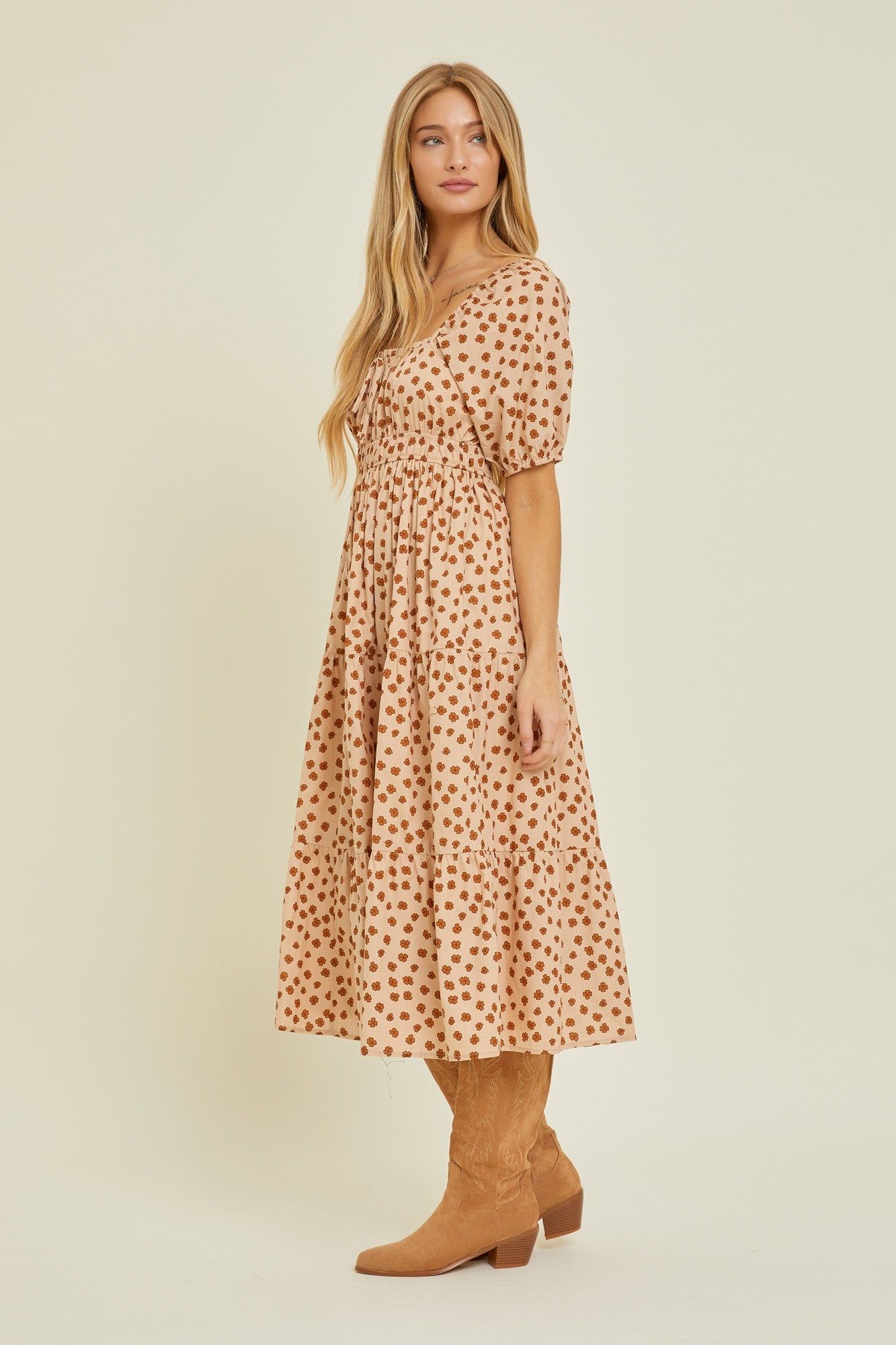 Taupe Floral Puff Sleeve Tiered Midi Dress sold by Pinkblush product image thumbnail 2