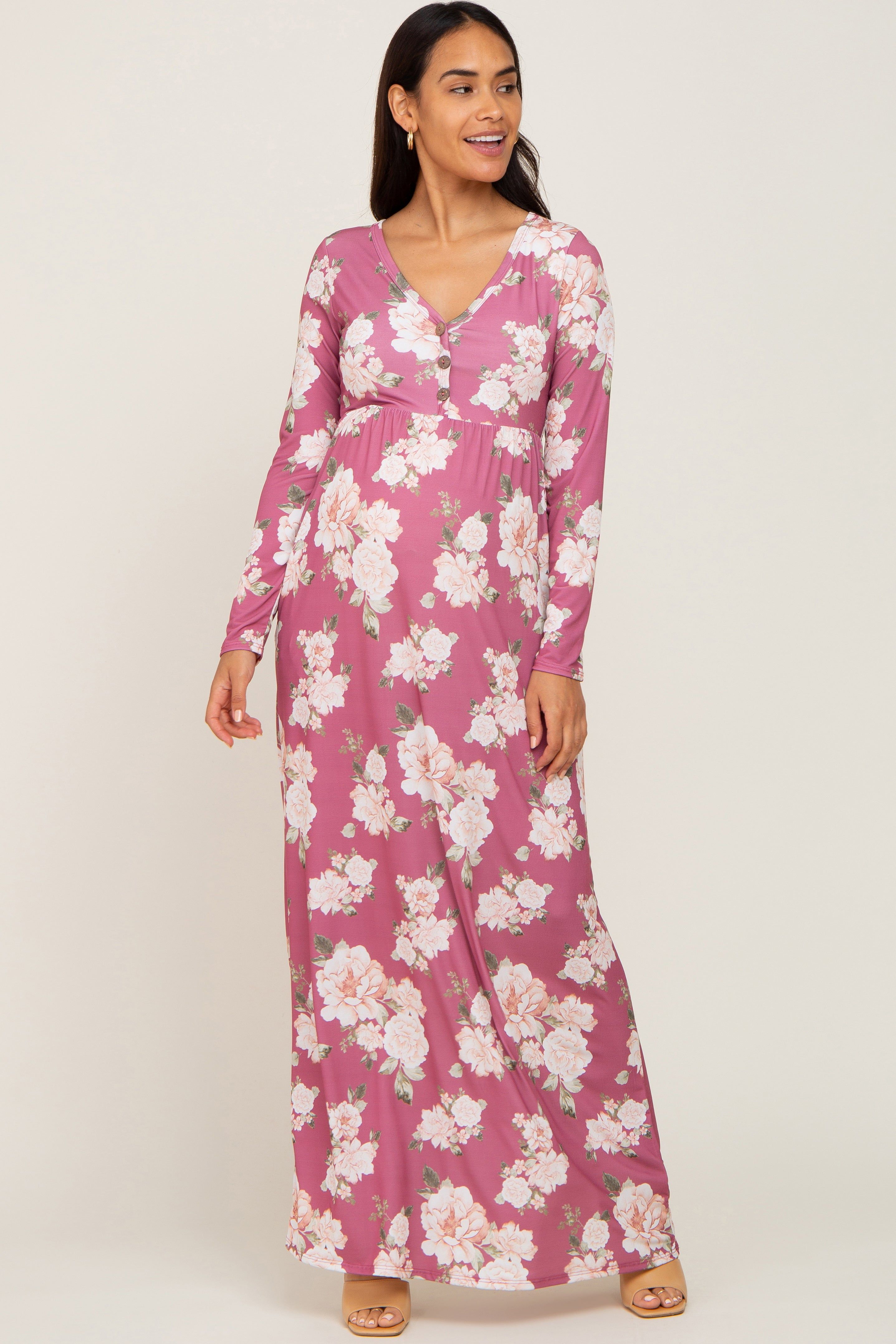 Mauve Floral Button Front Maternity Maxi Dress sold by Pinkblush