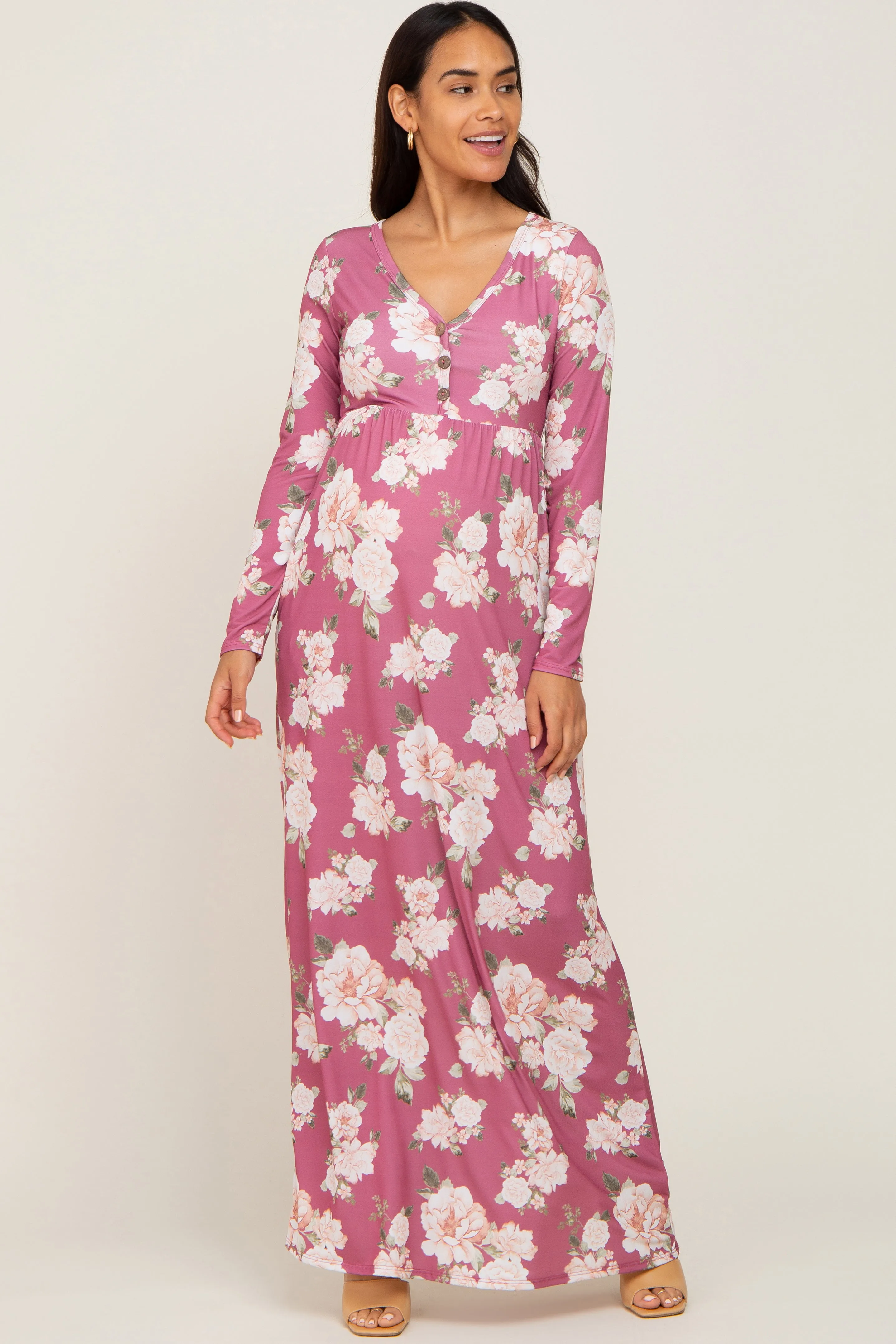 Mauve Floral Button Front Maternity Maxi Dress sold by Pinkblush