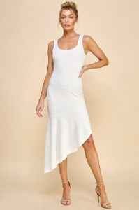 White Asymmetrical Ruffle Hem Dress sold by Pinkblush