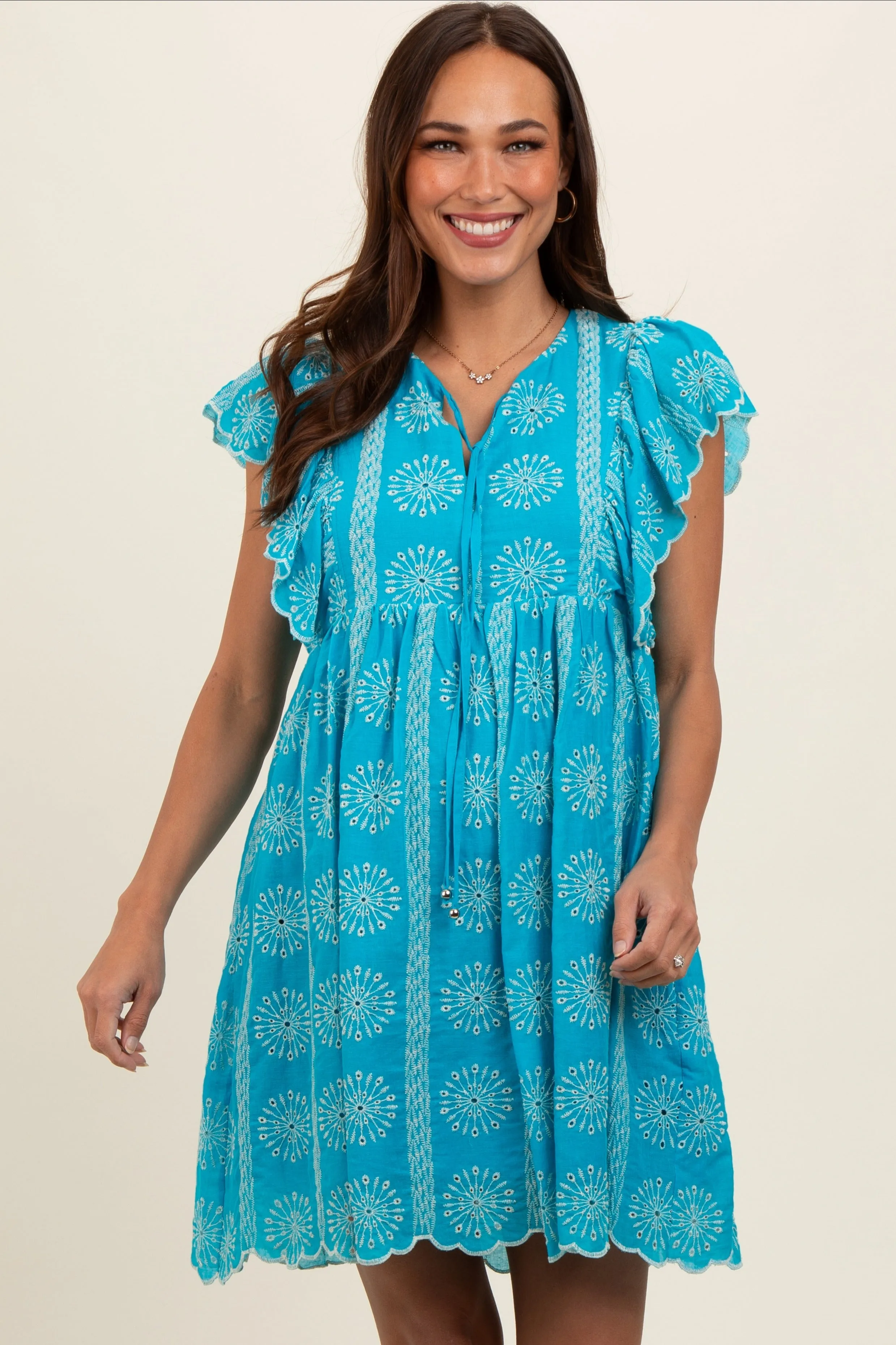 Turquoise Embroidered Flutter Sleeve Maternity Dress sold by Pinkblush