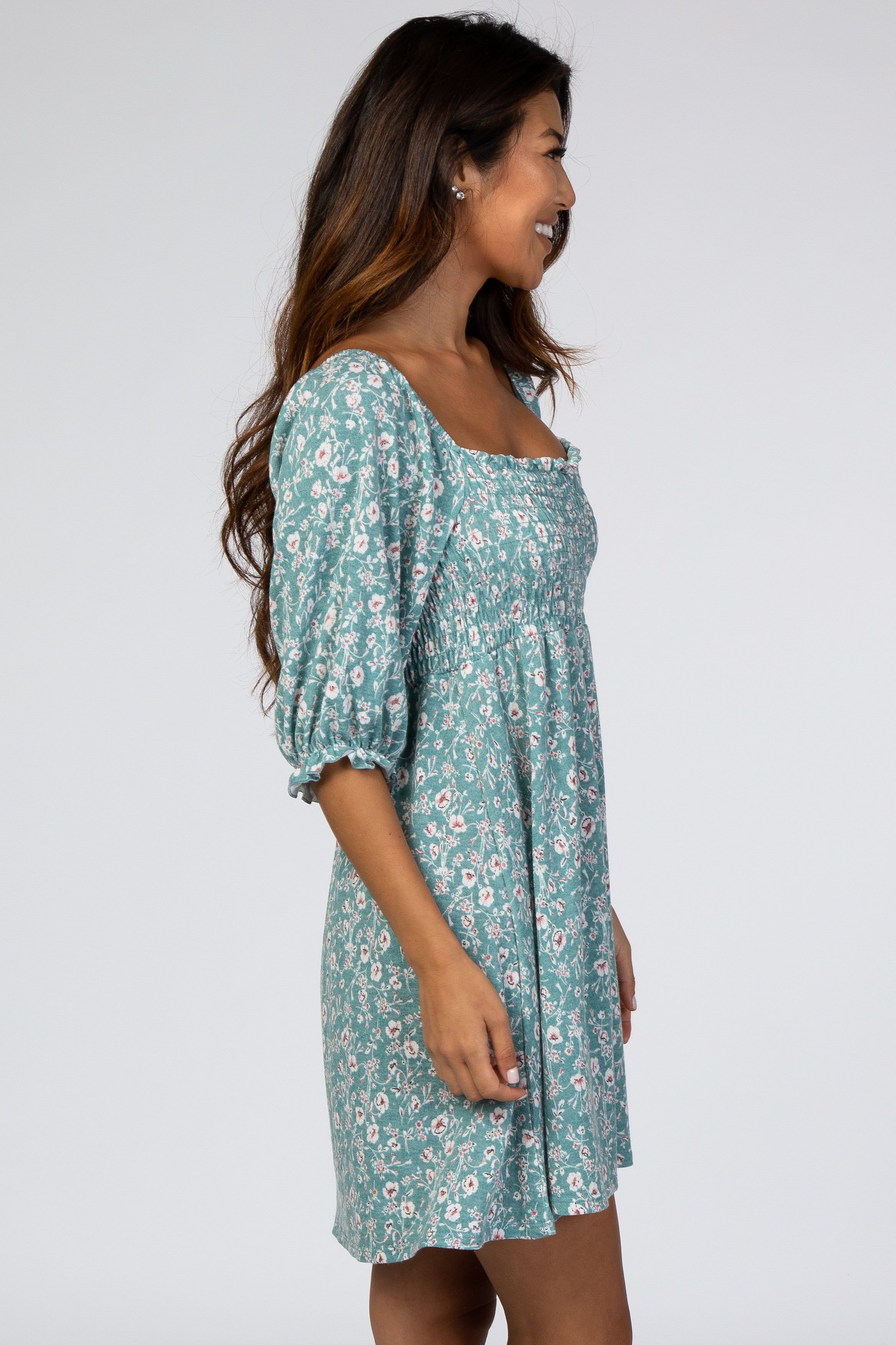 Teal Floral Puff Sleeve Dress sold by Pinkblush product image thumbnail 2