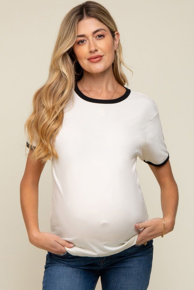 Black Cream Short Sleeve Maternity Ringer Tee sold by Pinkblush