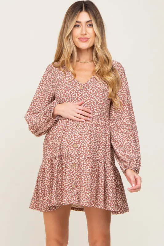 Mauve Floral Long Sleeve Tiered Maternity Dress sold by Pinkblush