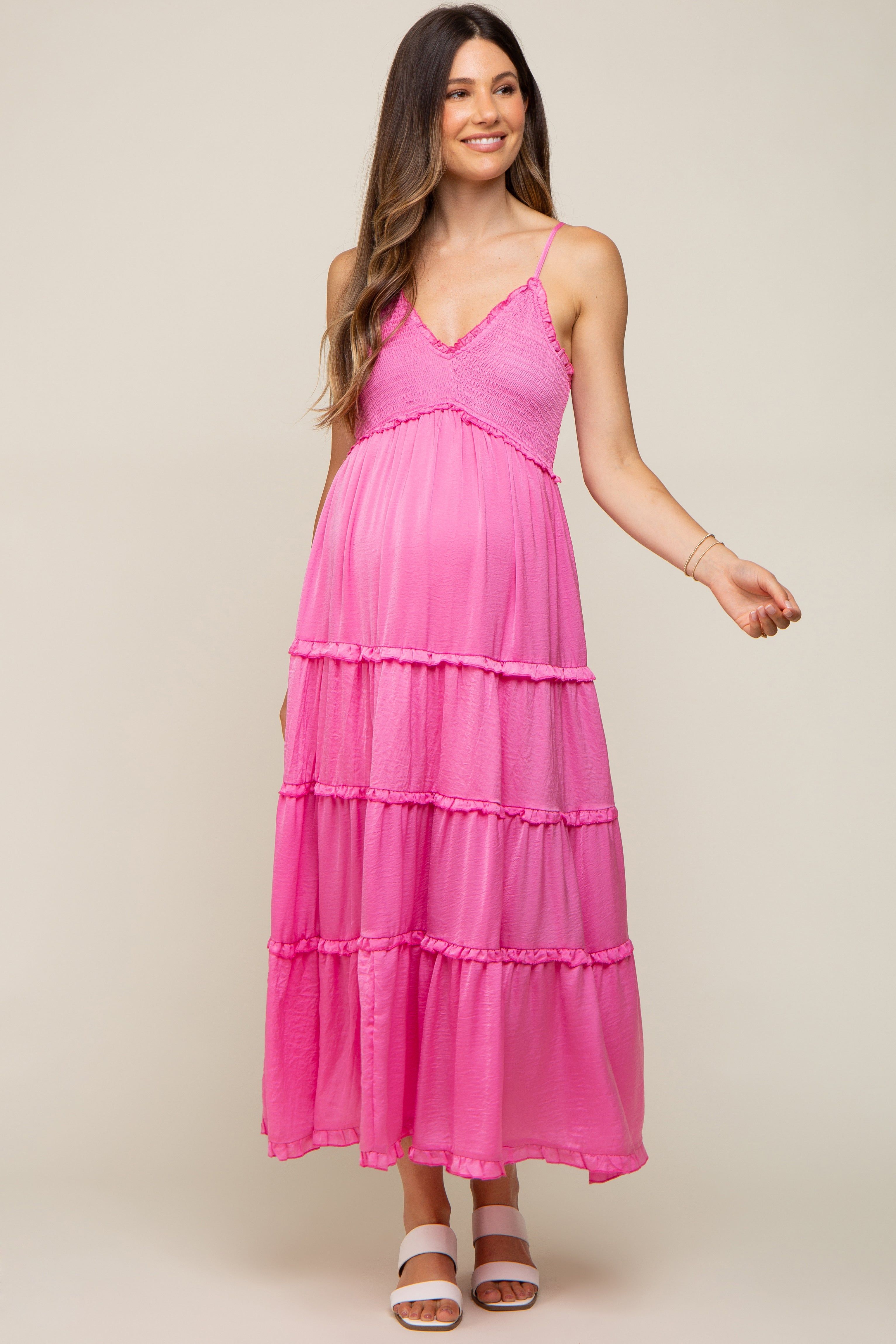 Pink Smocked Ruffle Tiered Maternity Maxi Dress sold by Pinkblush product image thumbnail 5