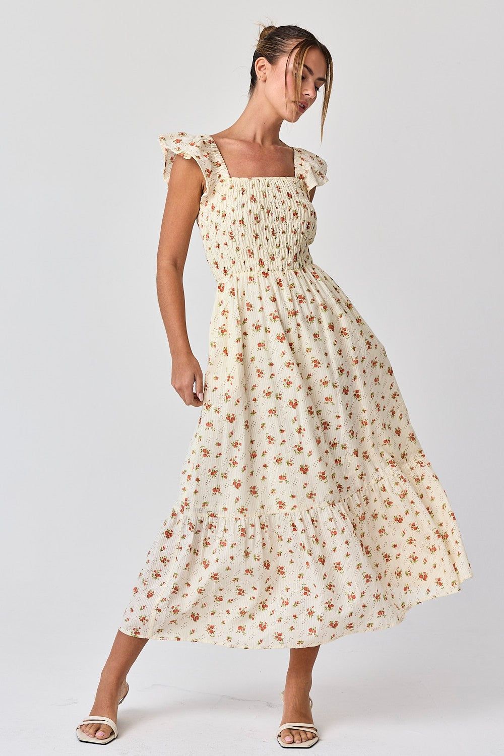 Red Rose Smocked Ruffle Midi Dress sold by Pinkblush