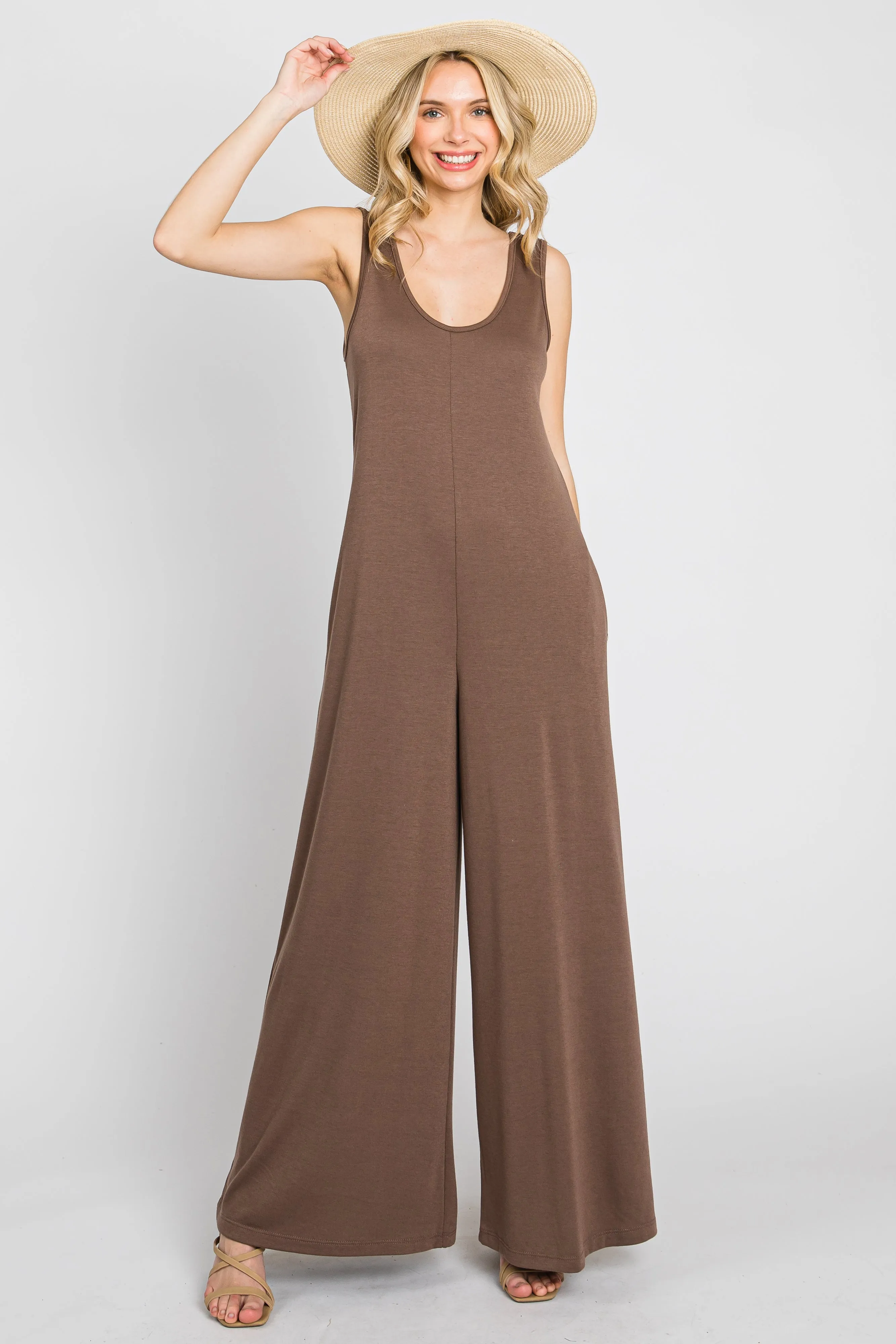 Mocha Wide Leg Sleeveless Jumpsuit sold by Pinkblush
