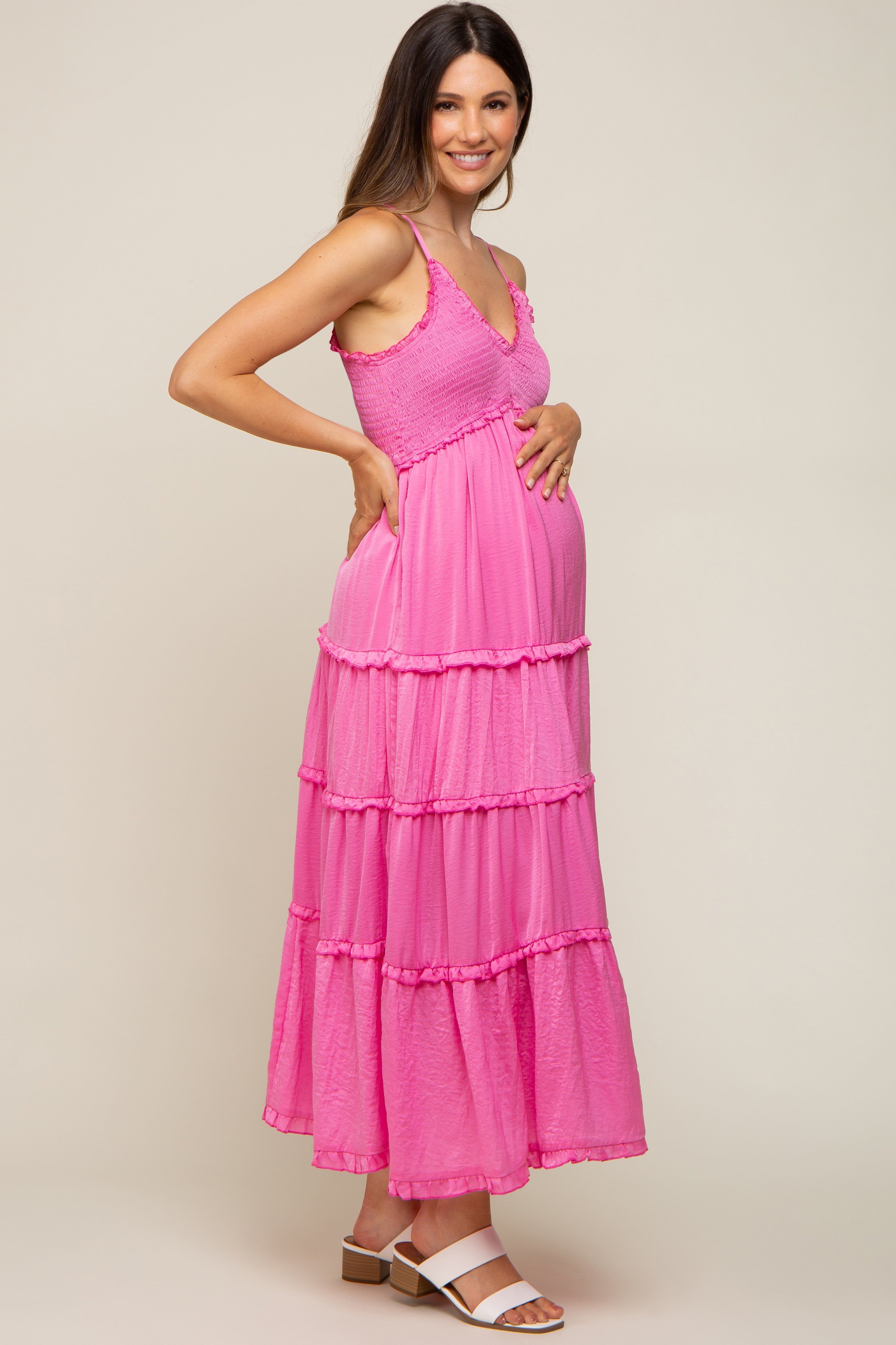 Pink Smocked Ruffle Tiered Maternity Maxi Dress sold by Pinkblush product image thumbnail 3
