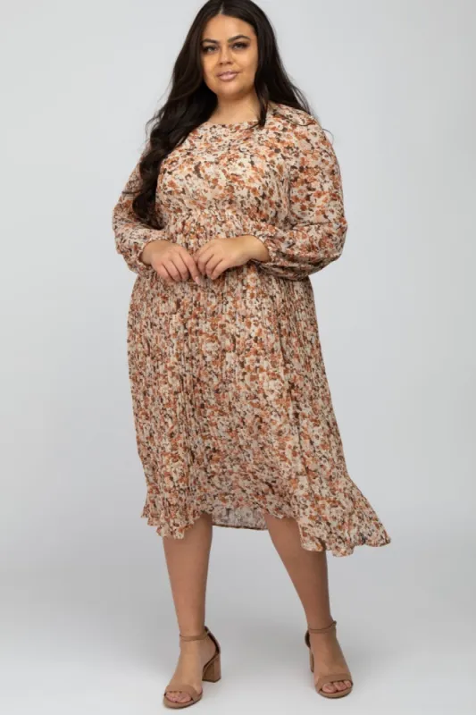 Brown Floral Pleated Skirt Plus Midi Dress sold by Pinkblush