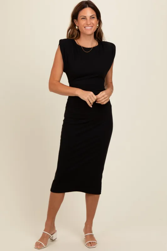 Black Padded Shoulder Fitted Midi Dress sold by Pinkblush