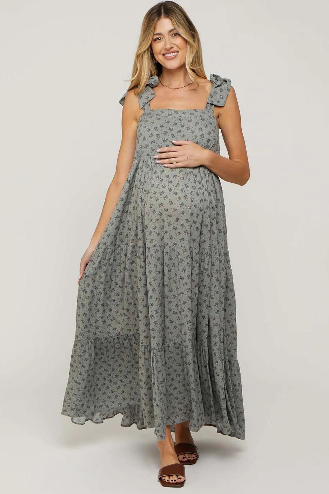 Sage Floral Shoulder Tie Maternity Maxi Dress sold by Pinkblush