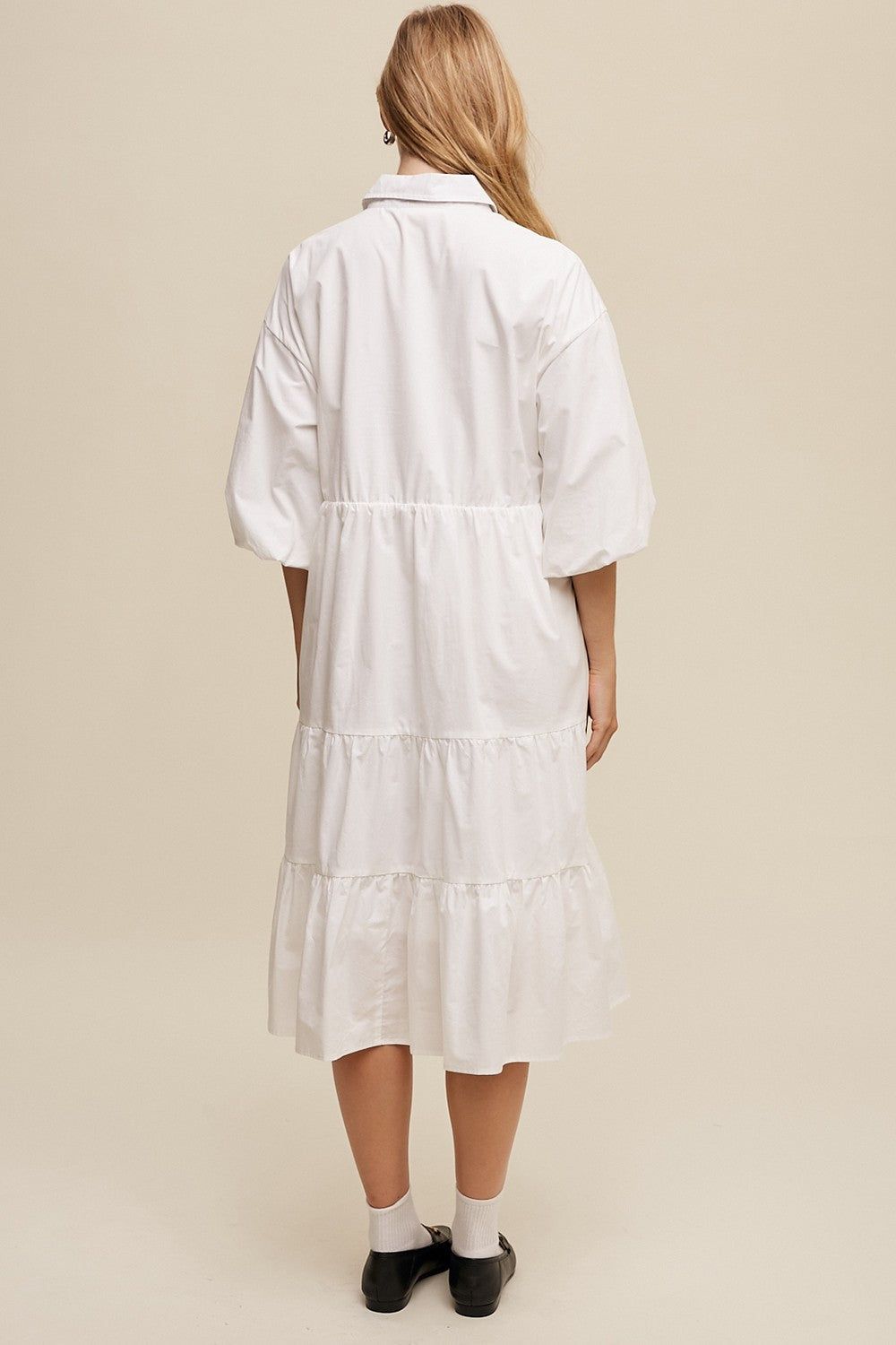 White Button Front Tiered Babydoll Poplin Midi Dress sold by Pinkblush product image thumbnail 3