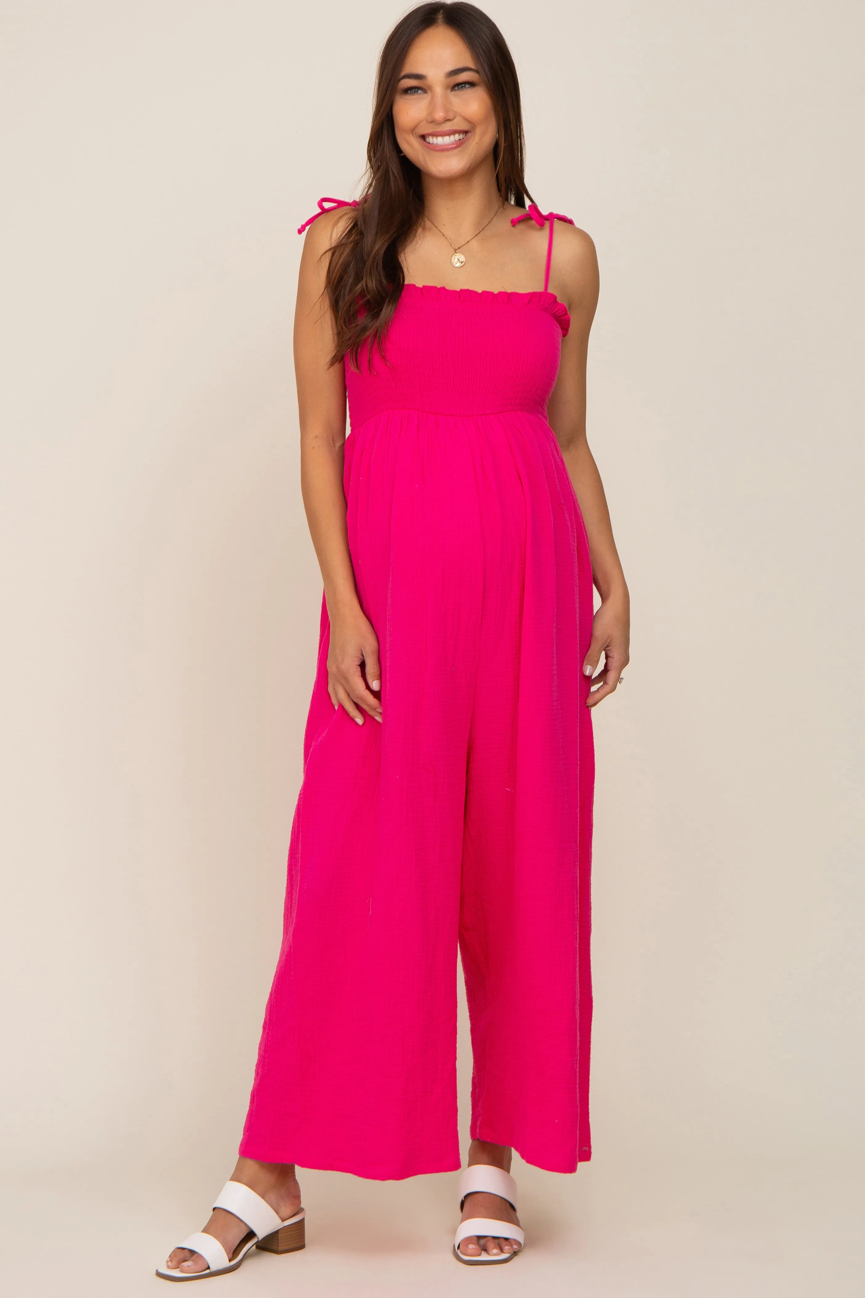Fuchsia Sleeveless Cropped Maternity Jumpsuit sold by Pinkblush