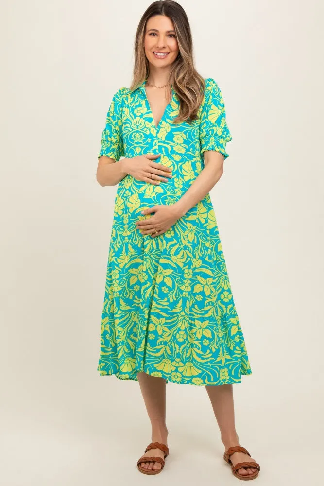 Turquoise Floral V-Neck Tiered Maternity Midi Dress sold by Pinkblush product image thumbnail 2