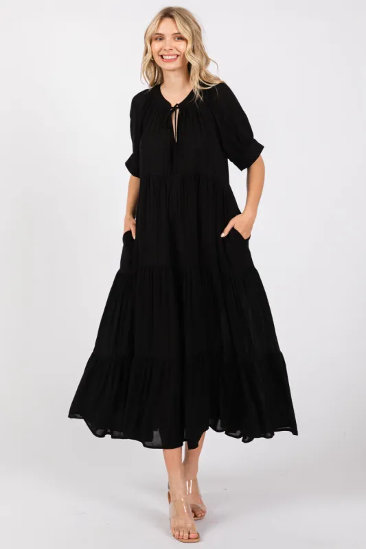 Black Lightweight Flowy Tiered Maxi Dress sold by Pinkblush