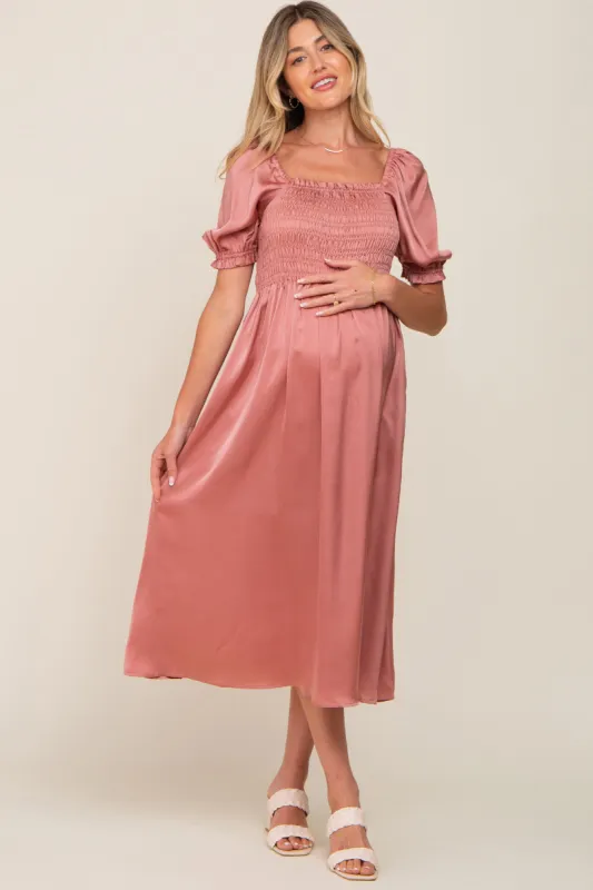 Pink Satin Puff Sleeve Maternity Midi Dress sold by Pinkblush